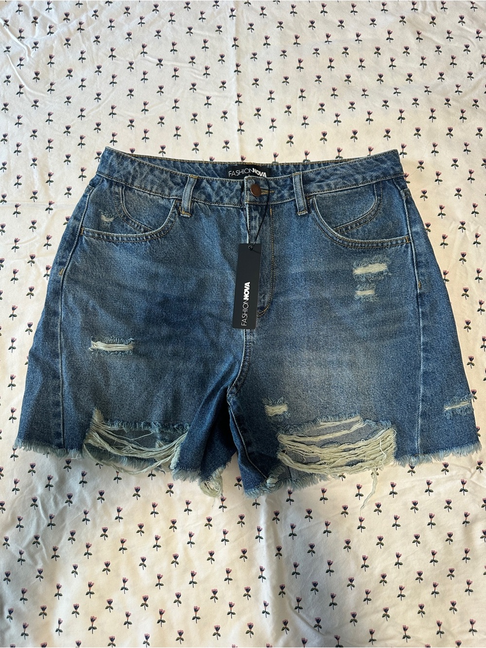 Fashion Nova Distressed Dark Blue Denim Cutoff Shorts